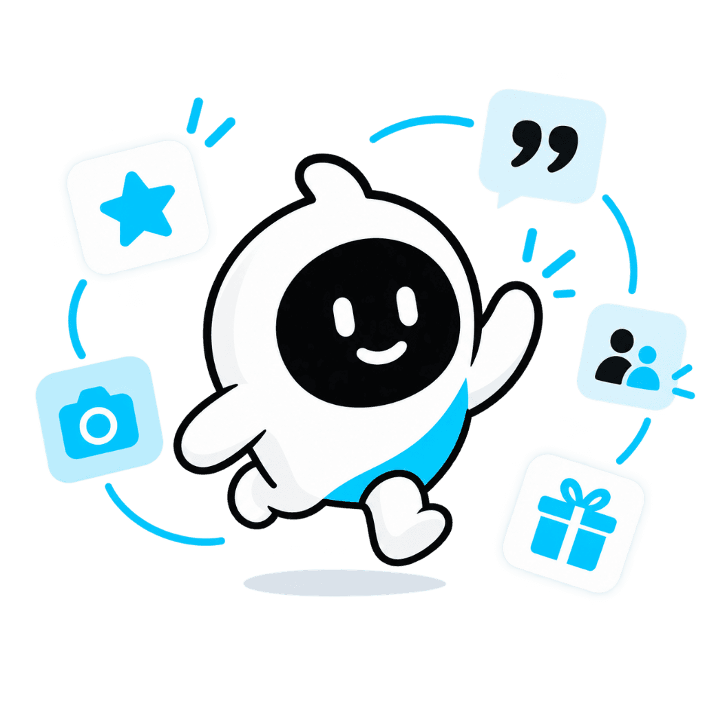 Flo, the Testimo mascot, with reviews, photos, testimonials, referrals and rewards