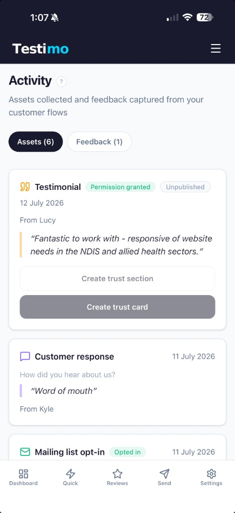 Testimo activity feed showing assets collected from customer flows