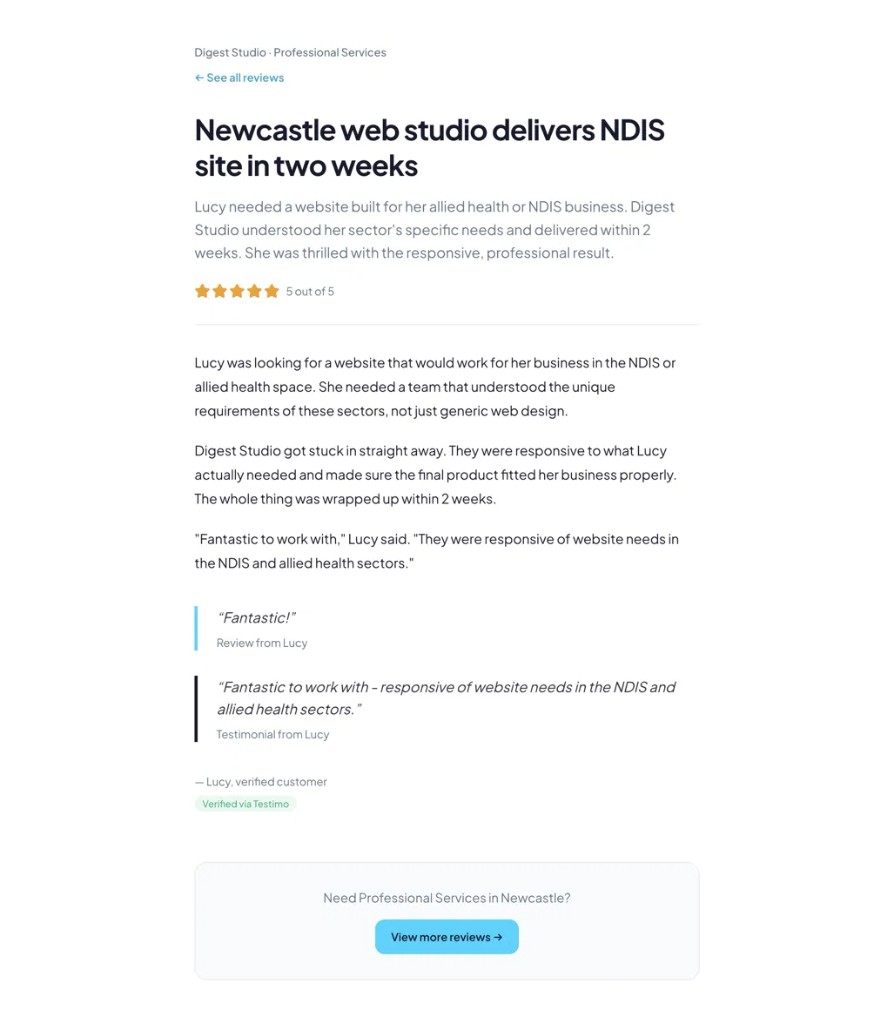 AI-generated case study page built from a real customer interaction