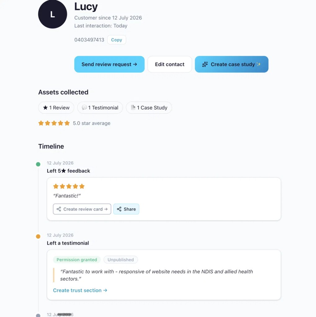 Testimo customer profile for Lucy showing review, testimonial, and case study assets
