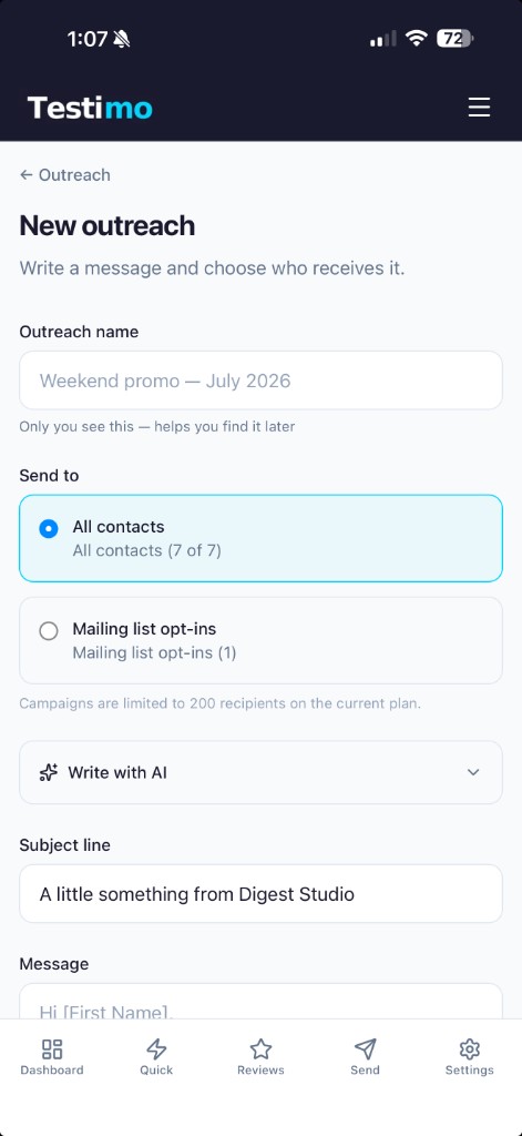 Testimo outreach screen for creating targeted email campaigns with AI copy