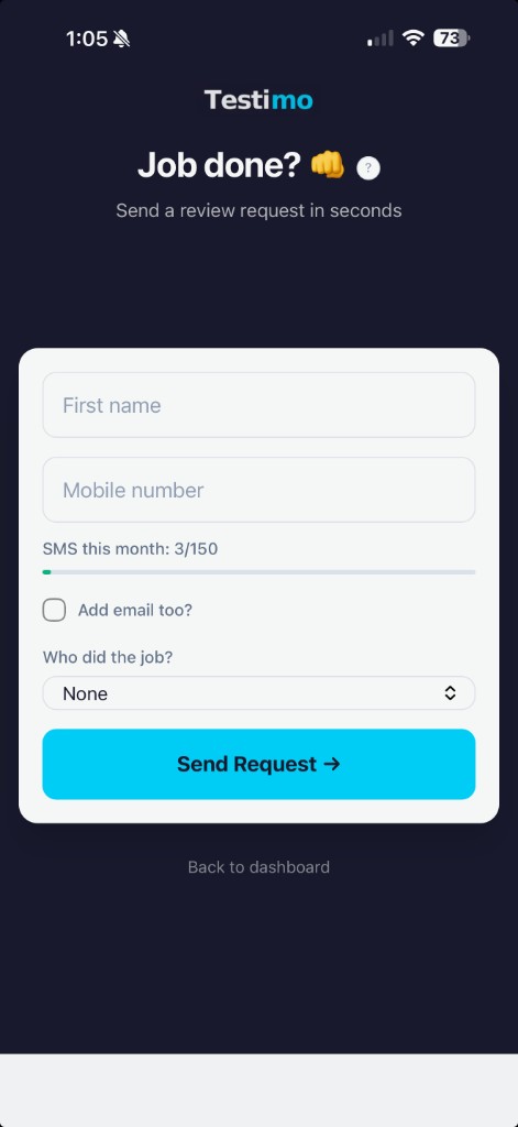 Testimo Quick Send screen for sending review requests via SMS after a job