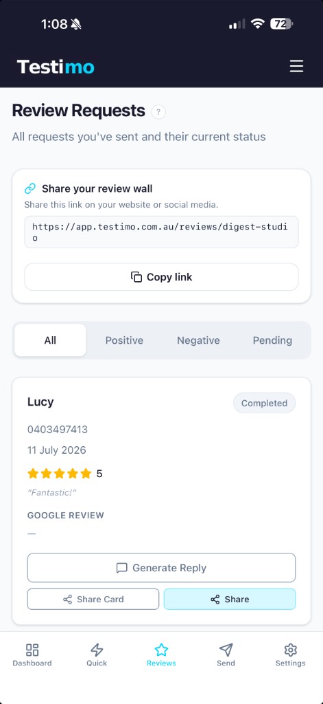 Testimo review requests list showing completed reviews and outcomes